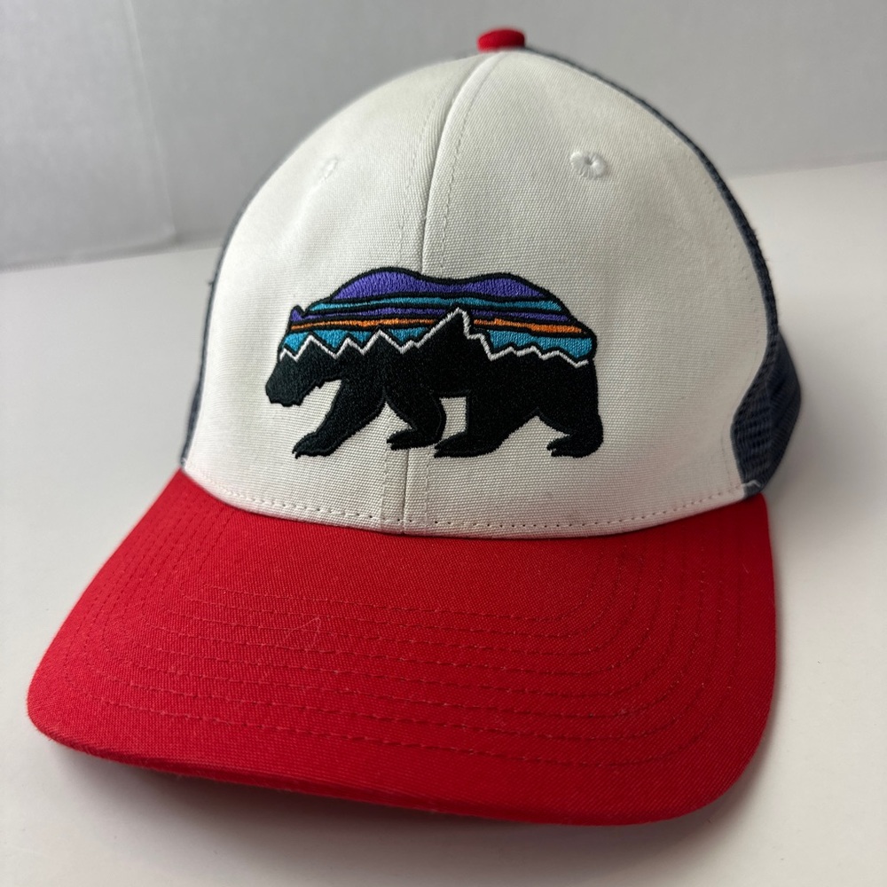 Patagonia Fitz Roy Bear Snapback Trucker Hat Mesh Off White Red Cap One Size - Picture 8 of 10